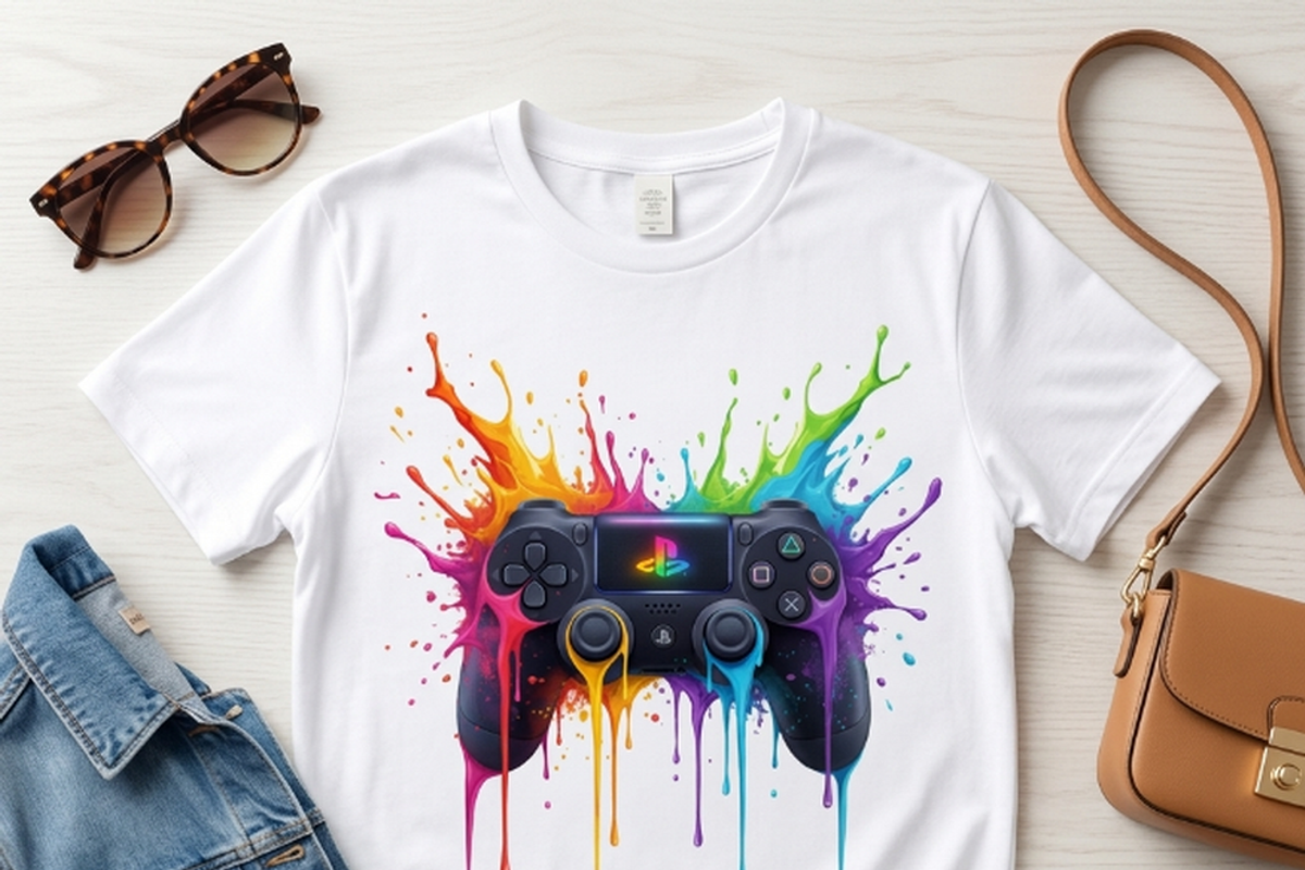 Rainbow Splash Game Controller, a Shirt Mockup by Vector Stall (Photo 2 of 15)