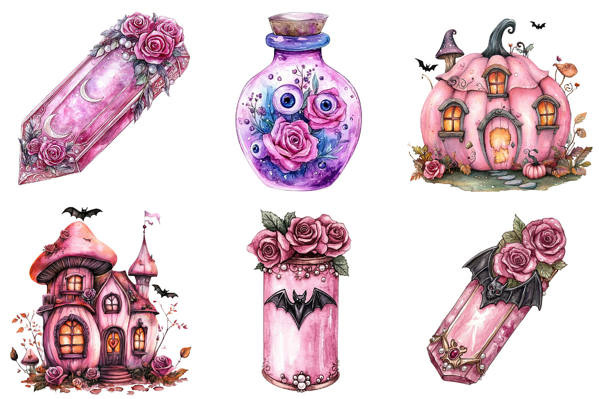 Watercolor Pink Halloween Clipart, a Seasonal Illustration by CitraGraphics (Photo 6 of 7)