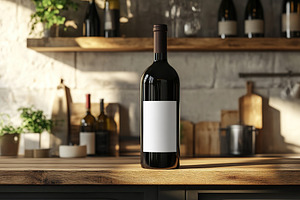 Blank wine bottle placed on wooden countertop in a modern kitchen setting, a Food & Drink Photo by AlyaAnd