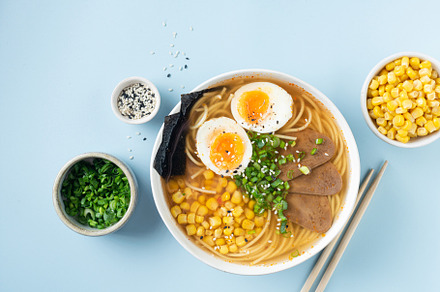 Ramen noodle soup bowl with egg, a Food & Drink Photo by The baking man