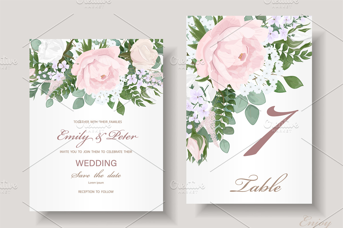 Wedding invitation with flower Peony, a Card Template by Digital illustration shop (Photo 2 of 2)