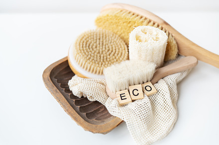 Zero waste, sustainable bathroom and lifestyle. Bamboo brush,, loofah sponge, c, a Health & Medical Photo by Artsaba Family