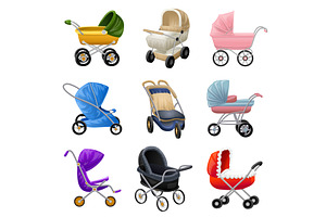 Pram Icons Set, Cartoon Style