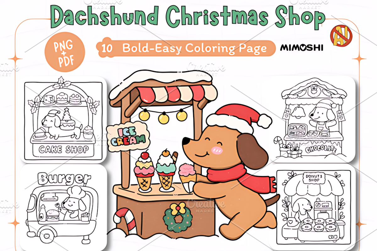 Dachshund Christmas Shop Coloring, a Seasonal Illustration by Design Station (Photo 1 of 3)
