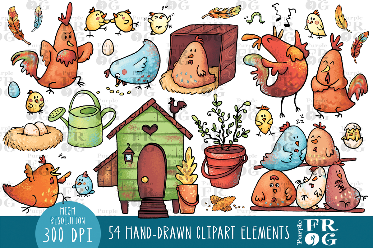 Charming Chickens - Digital Clipart, an Animal Illustration by Purple Frog (Photo 2 of 4)