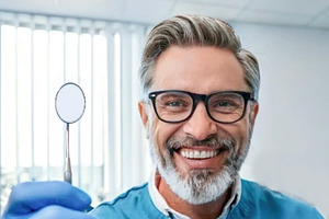 Smiling dentist holding dental mirror, a Health & Medical Photo by DanFLCreativo