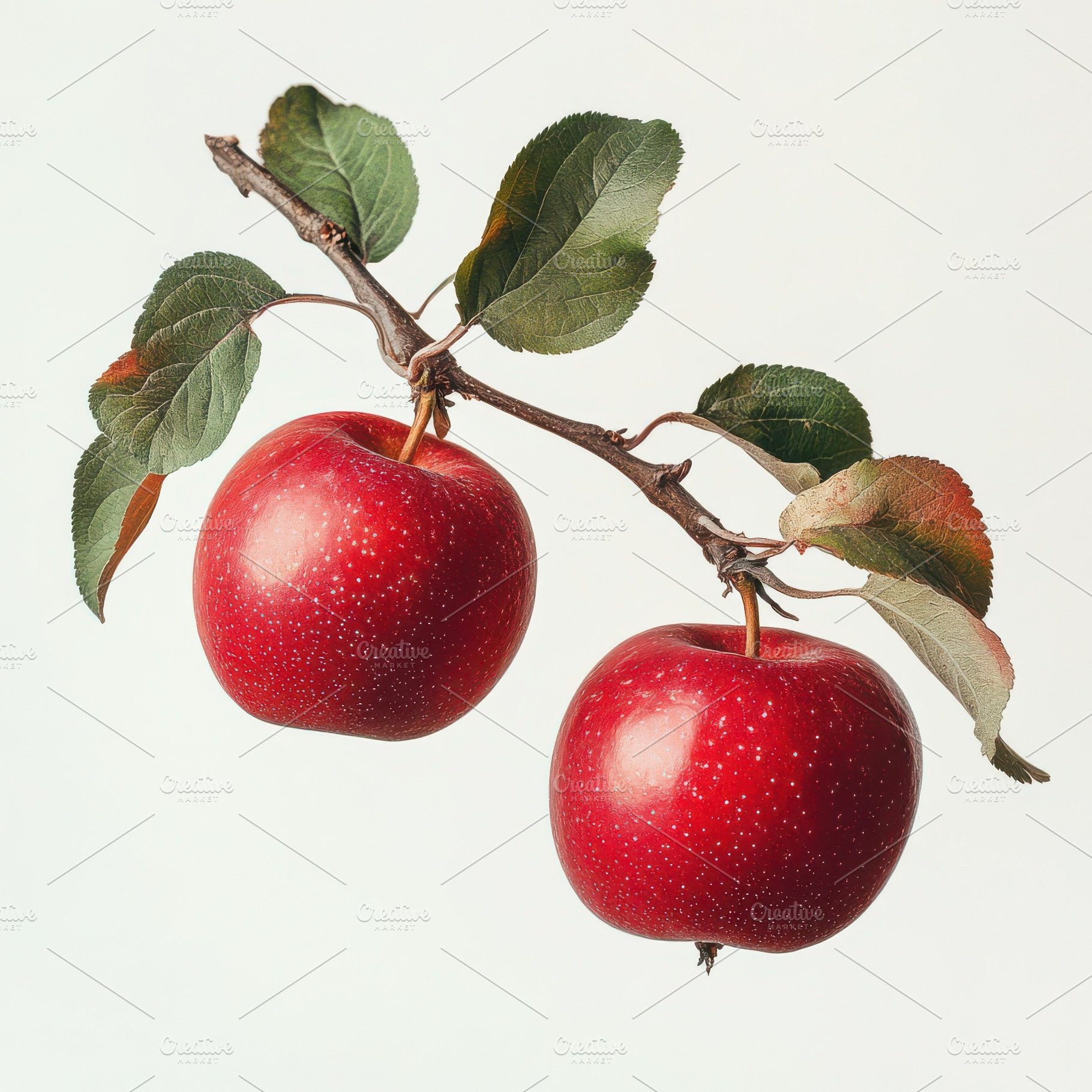 Two red apples with green leaves han, a Food & Drink Photo by Pixeness Studio