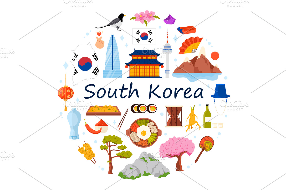 South Korea culture elements and, a Food Illustration by Flashvector