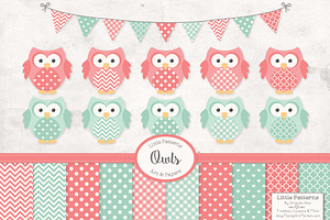 Mint & Coral Owl Clipart & Papers, an Animal Illustration by Amanda Ilkov