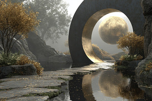 Golden Sphere Misty Landscape Stone, an Abstract Photo by Pixeness Studio