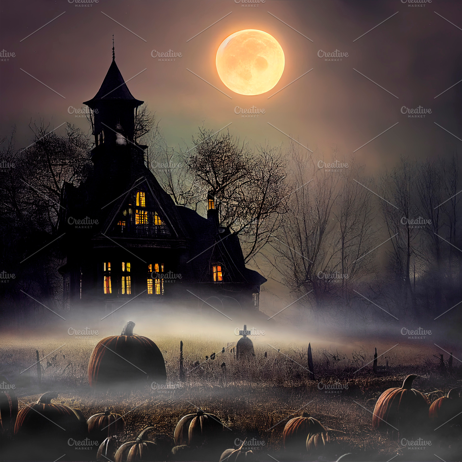 Haunted house in pumpkin field, an Architecture Photo by hitdelight