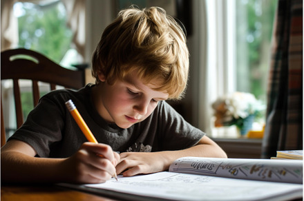 Young boy concentrating on homework, a School & Education Photo by Ylivdesign