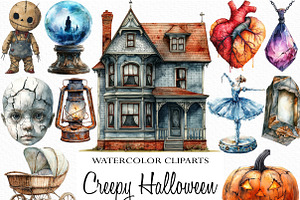 Watercolor Creepy Halloween Clipart, an Illustration by Craft Nest
