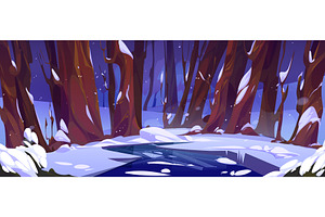 Snowy Forest Glade With Frozen Lake