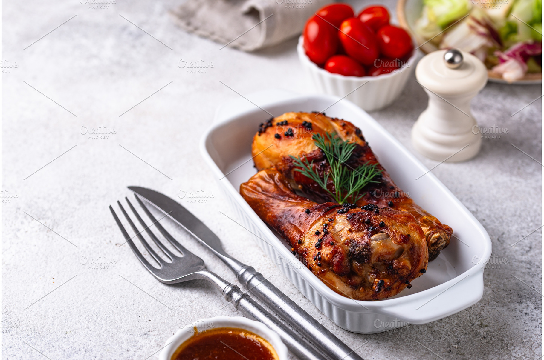 Roasted chicken drumsticks with, a Food & Drink Photo by Yulia Furman