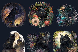 Watercolor Fantasy Black Cat Clipart