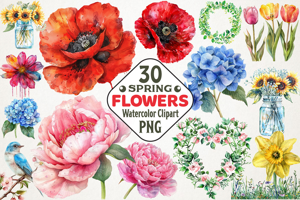 Watercolor Spring Flowers Clipart, an Illustration by RobertsArt (Photo 1 of 5)