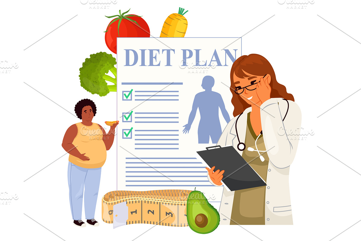 A health professional reviews a diet, a Food Illustration by SiberianArt