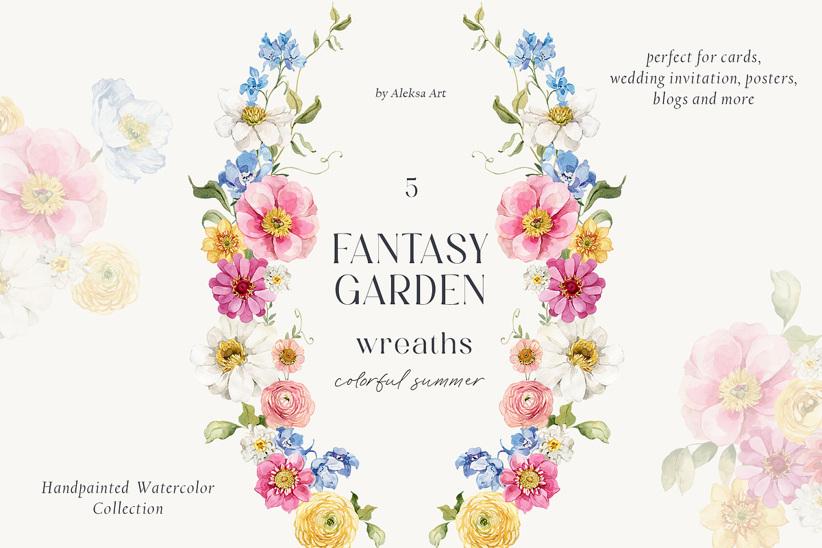 Fantasy Garden summer watercolor set, a Decorative Illustration by AleksaArt (Photo 13 of 20)