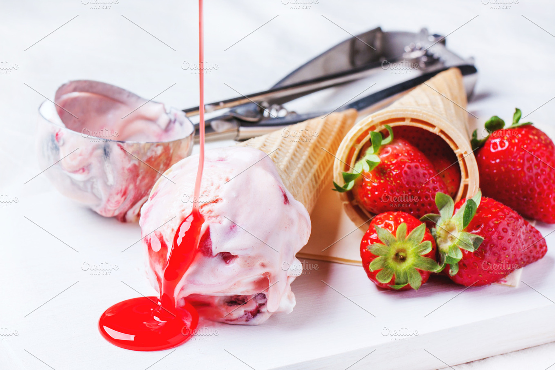 Strawberry ice cream featuring ice, cream, and strawberry