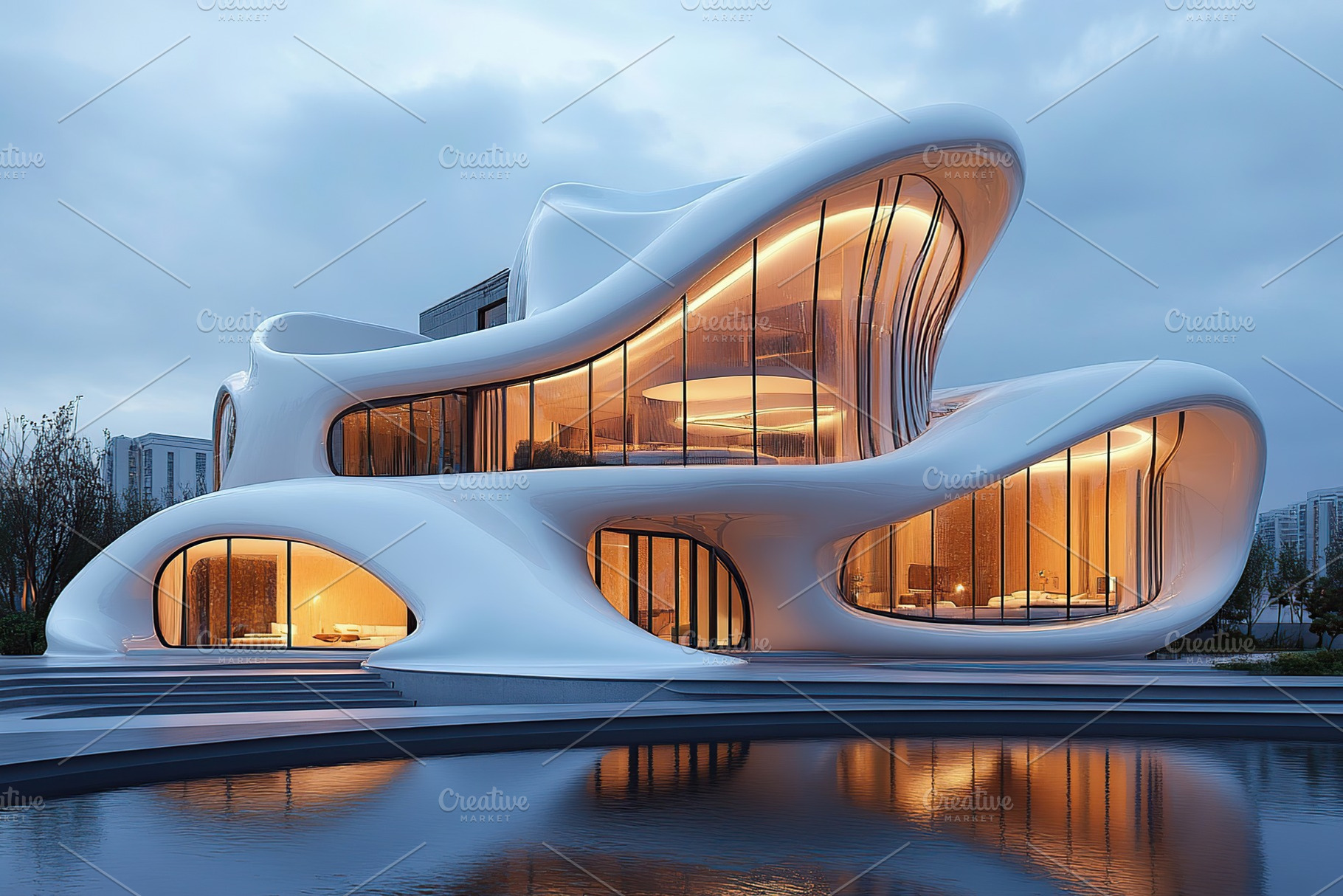 Beautiful futuristic facade of house building, a Photo by AlyaAnd