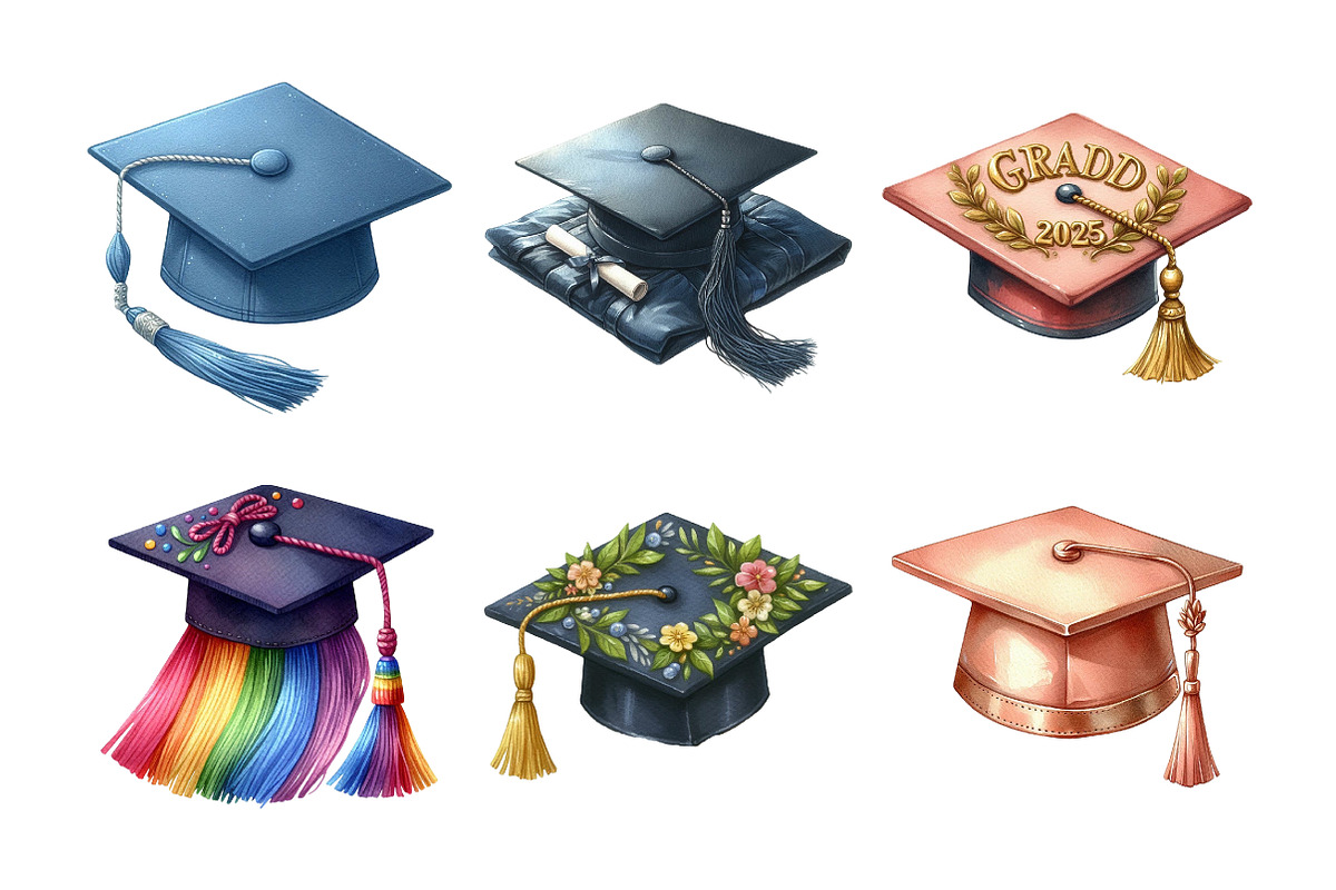 Watercolor Graduation Cap Clipart, an Illustration by Daily.Designs (Photo 3 of 5)