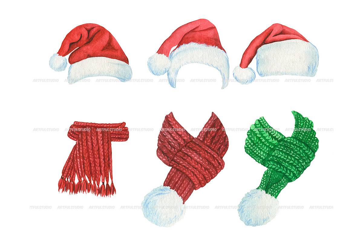 Watercolor Christmas hats and scarve, a Seasonal Illustration by ArtfulStudio (Photo 8 of 10)