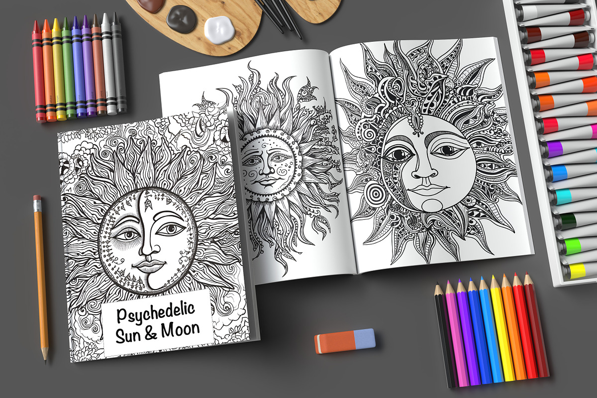 Coloring Page Psychedelic Sun & Moon, a Decorative Illustration by MuzaArtStudio (Photo 4 of 4)