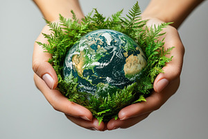 Hands gently holding Earth globe surrounded by vibrant green fer, a Food & Drink Photo by José Manuel Gelpi
