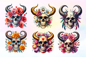 Floral Skull With Horns Clipart PNG