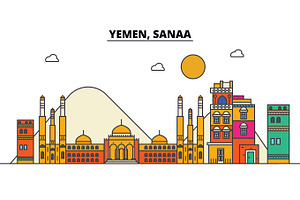 Yemen, Sanaa. City Skyline: Architecture, Buildings, Streets, Silhouette, Landscape, Panorama, Landmarks. Editable Strokes. Flat Design Line Vector Il