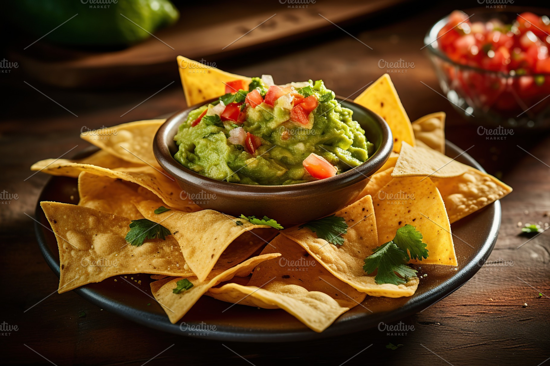Nachos chips with guacamole and salsa in plate, a Food & Drink Photo by AlyaAnd