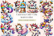 Watercolor Unicorn Cute Cow Clipart, a Seasonal Illustration by DreamArtGraphic (Thumbnail 1 of 4)