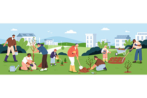 People planting trees in city park, an Illustration by Good Studio