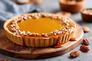 Homemade pecan pie dessert with caramel drizzle on a wooden platter, a Photo by AlyaAnd