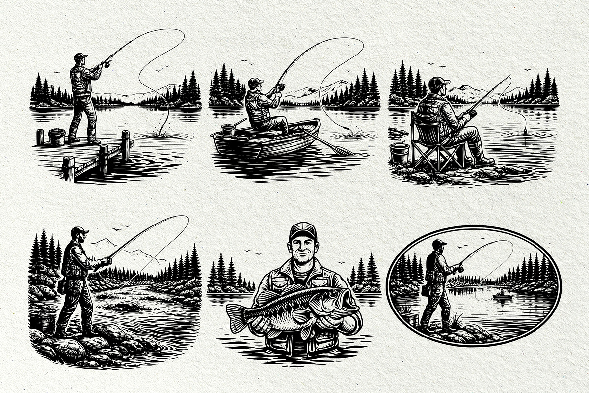 Vintage Fishing Engraving Graphics, a Sport Illustration by DENIDigitalArtSudio (Photo 5 of 8)