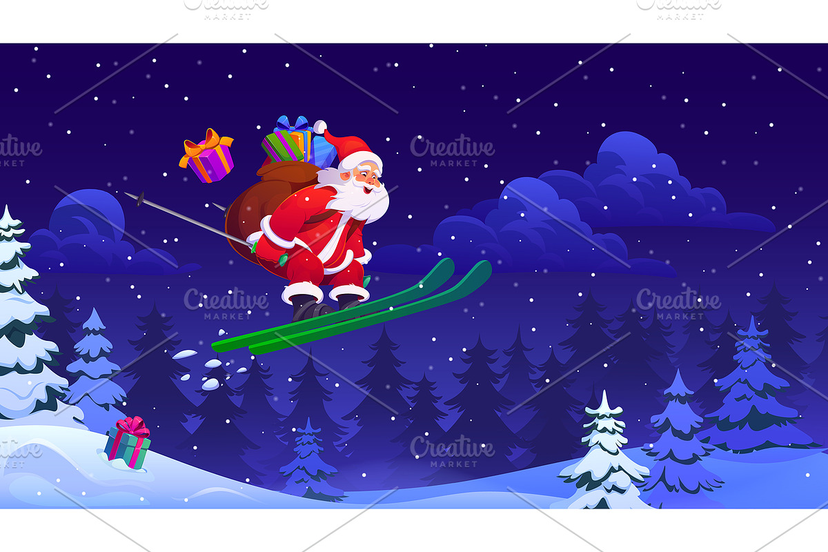Santa Claus flying on ski with bag, a Seasonal Illustration by Seavector Studio (Photo 1 of 3)