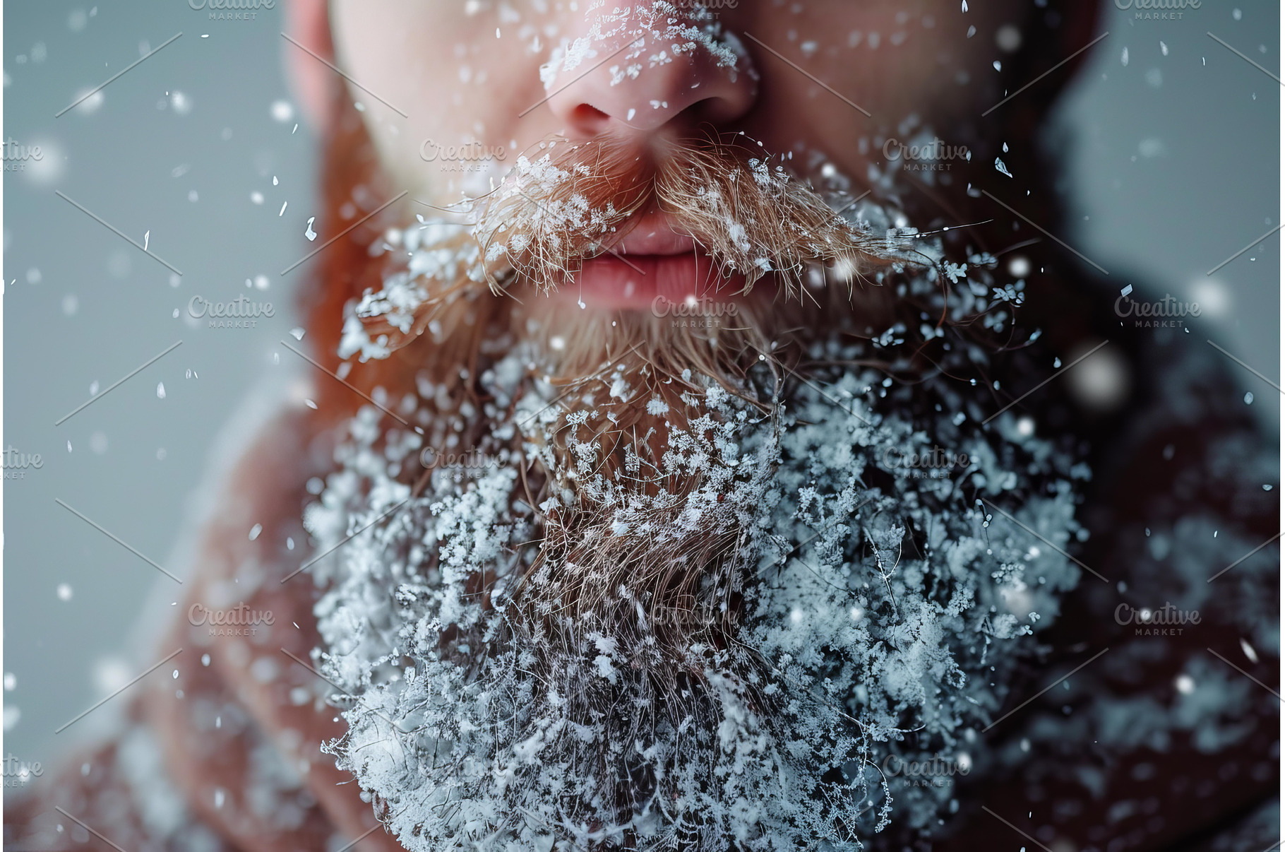 Snow falling on red haired man's, a Holiday Photo by Ylivdesign