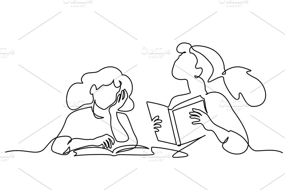Two girls reading books. Continuous, a Person Illustration by Valenty
