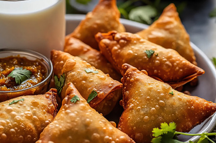 Crispy Indian Samosas with milk, a Food & Drink Photo by Virgo Studio