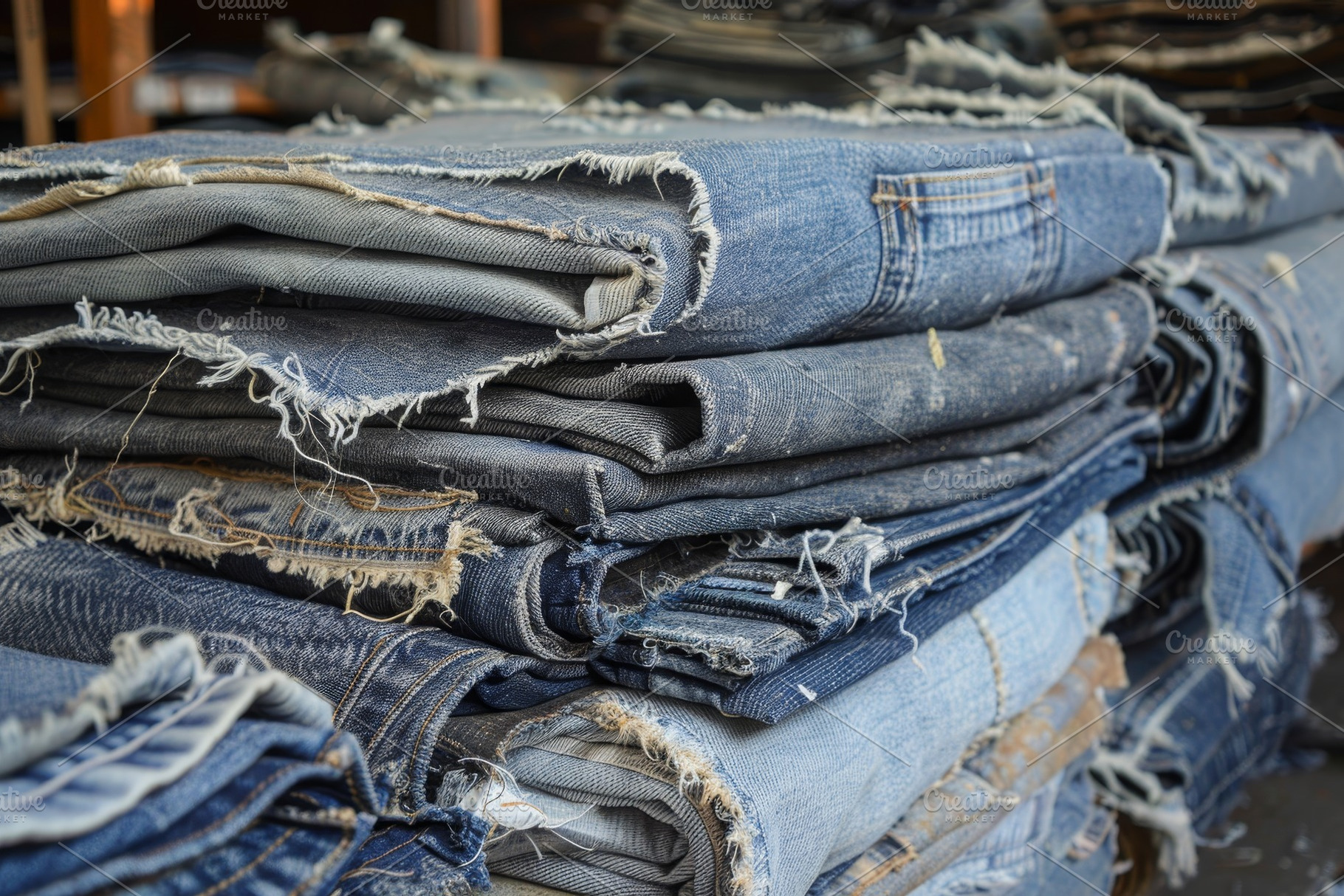 A pile of denim jeans stacked on top, a Photo by Iftikhar Alam