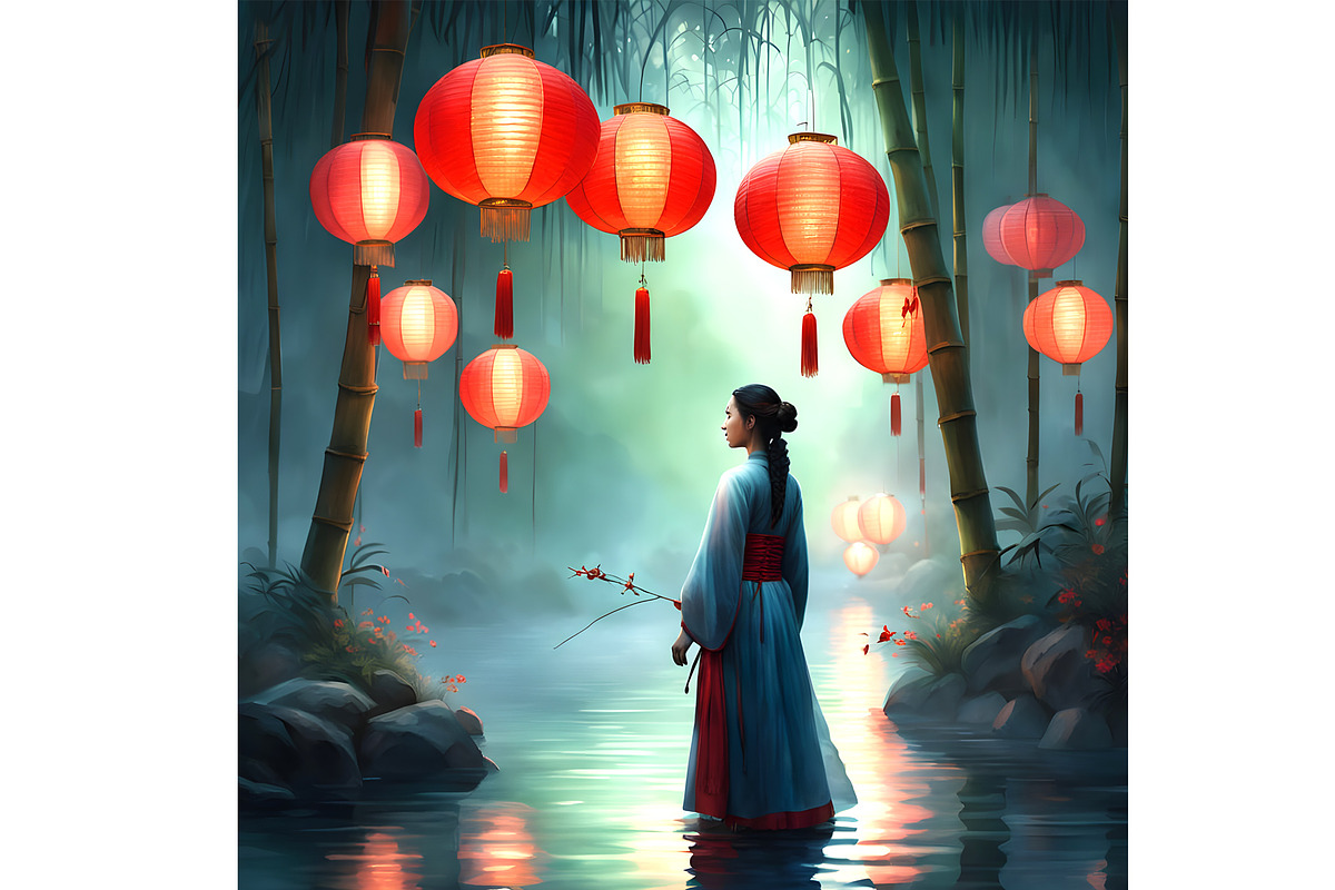 Asian Night with Red Lanterns, an Illustration by Sharon Schwalbe