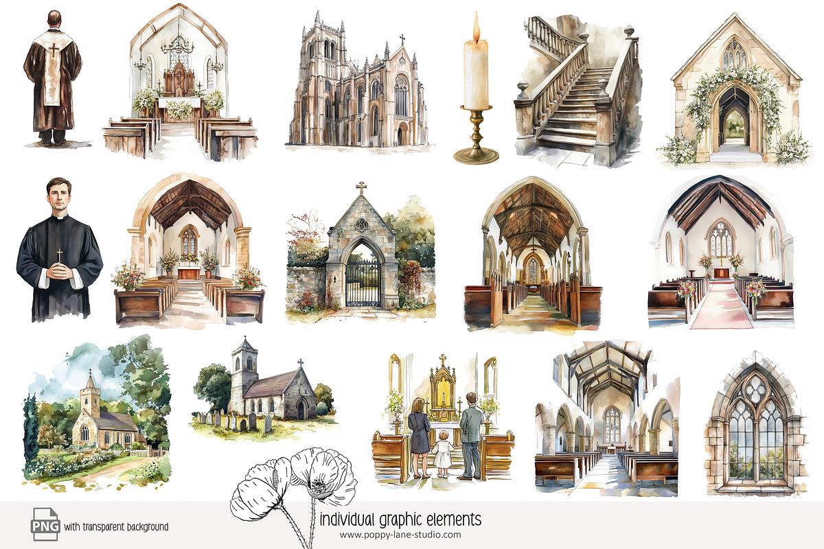 115 watercolour church clip art, an Object Illustration by Poppy Lane Studio (Photo 2 of 11)