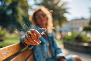 Woman sitting on a bench in a park enjoying a cigarette during a sunny afternoo, a Person Photo by AlyaAnd