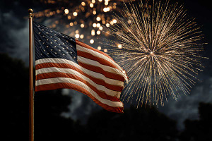 American flag and fireworks 4th July, an Illustration by VetalStock