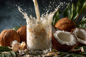 Coconut milk splashing into glass tr, a Photo by Pixeness Studio