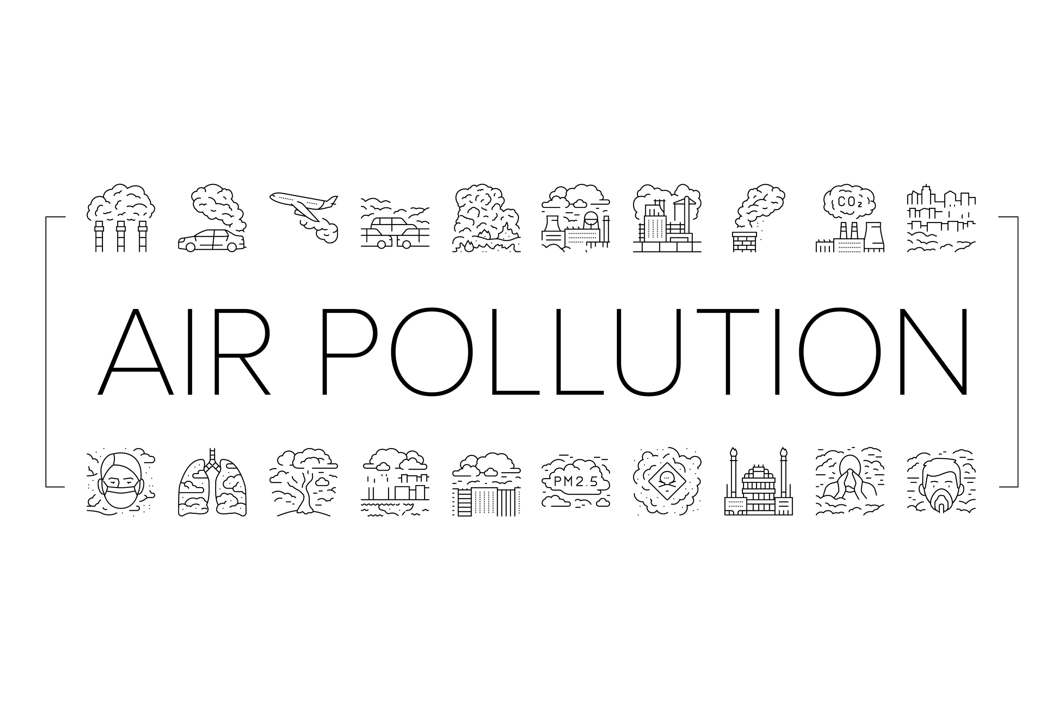 air pollution smog emissions icons, an Illustration by pikepicture