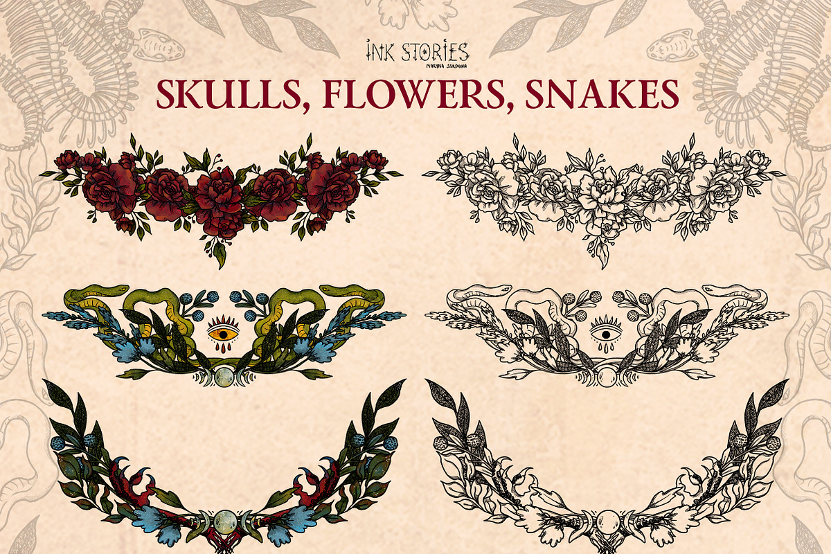 Skulls, Flowers and Snakes | Vintage, a Decorative Illustration by Ink Stories (Photo 11 of 12)