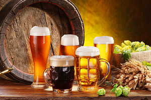Glasses of chilled beer, wooden cask, a Food & Drink Photo by Volff