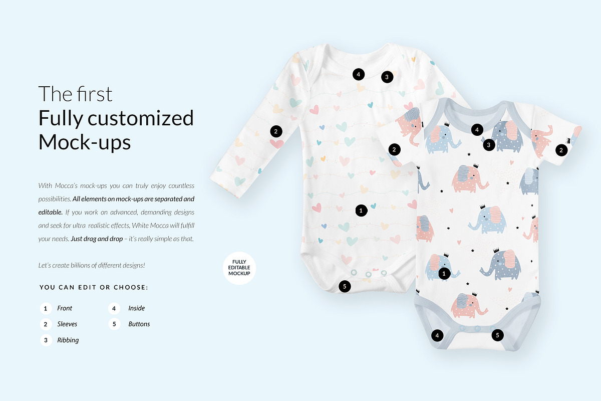 Baby Onesie 4x Mock-ups, an Apparel Mockup by Mocca Mockups Store (Photo 3 of 5)